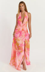 Nova Maxi Dress Plunge Neckline Backless Georgette Dress in Hot House Orchid Print
