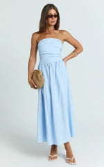 Polly Midi Dress Strapless Ruched Dress in Blue