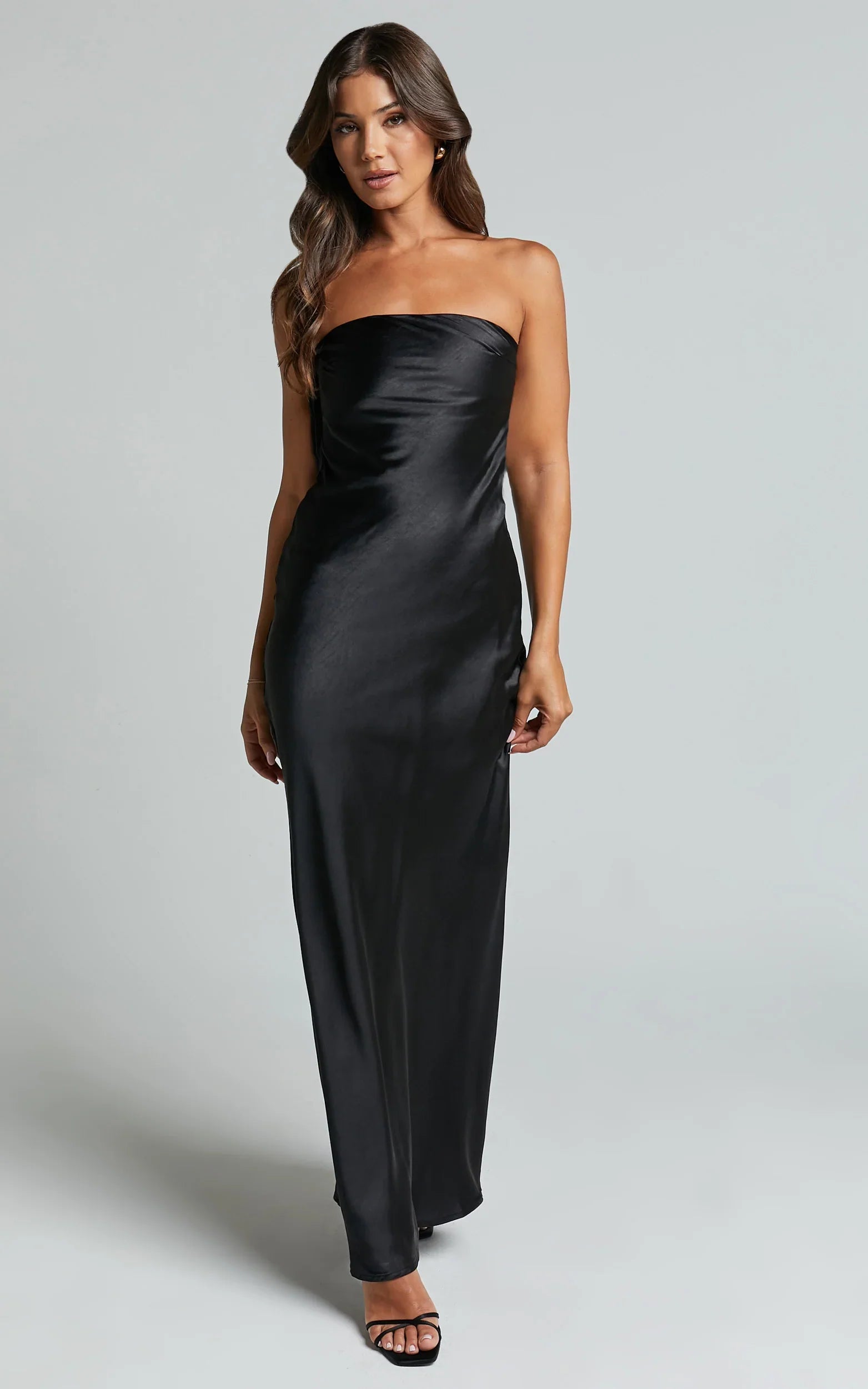 Charlita Maxi Dress Strapless Cowl Back Satin Dress in Black