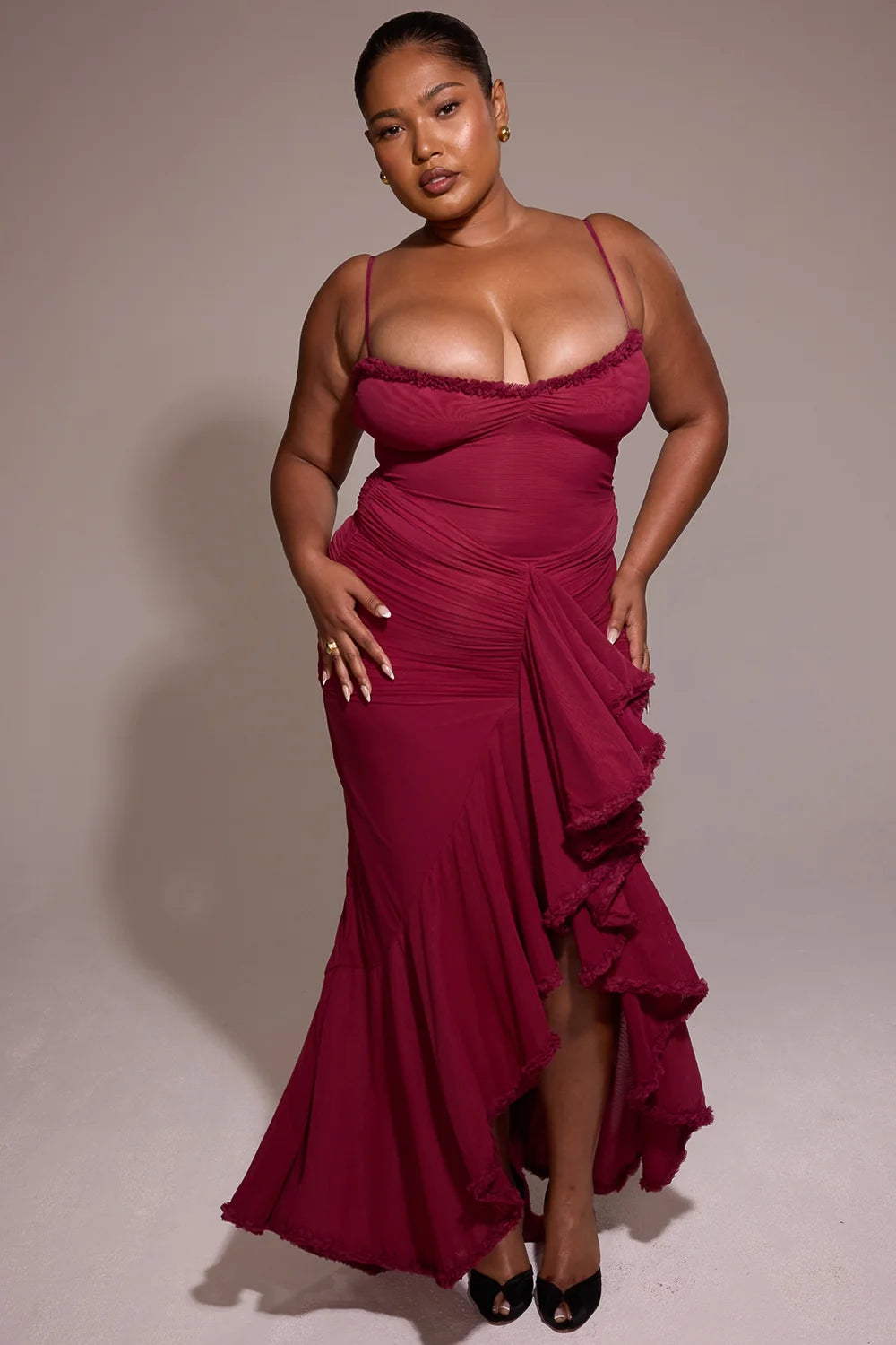 wine ruffled front gown
