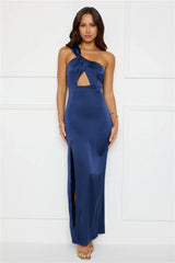 Strong Desire Satin One Shoulder Maxi Dress Navy