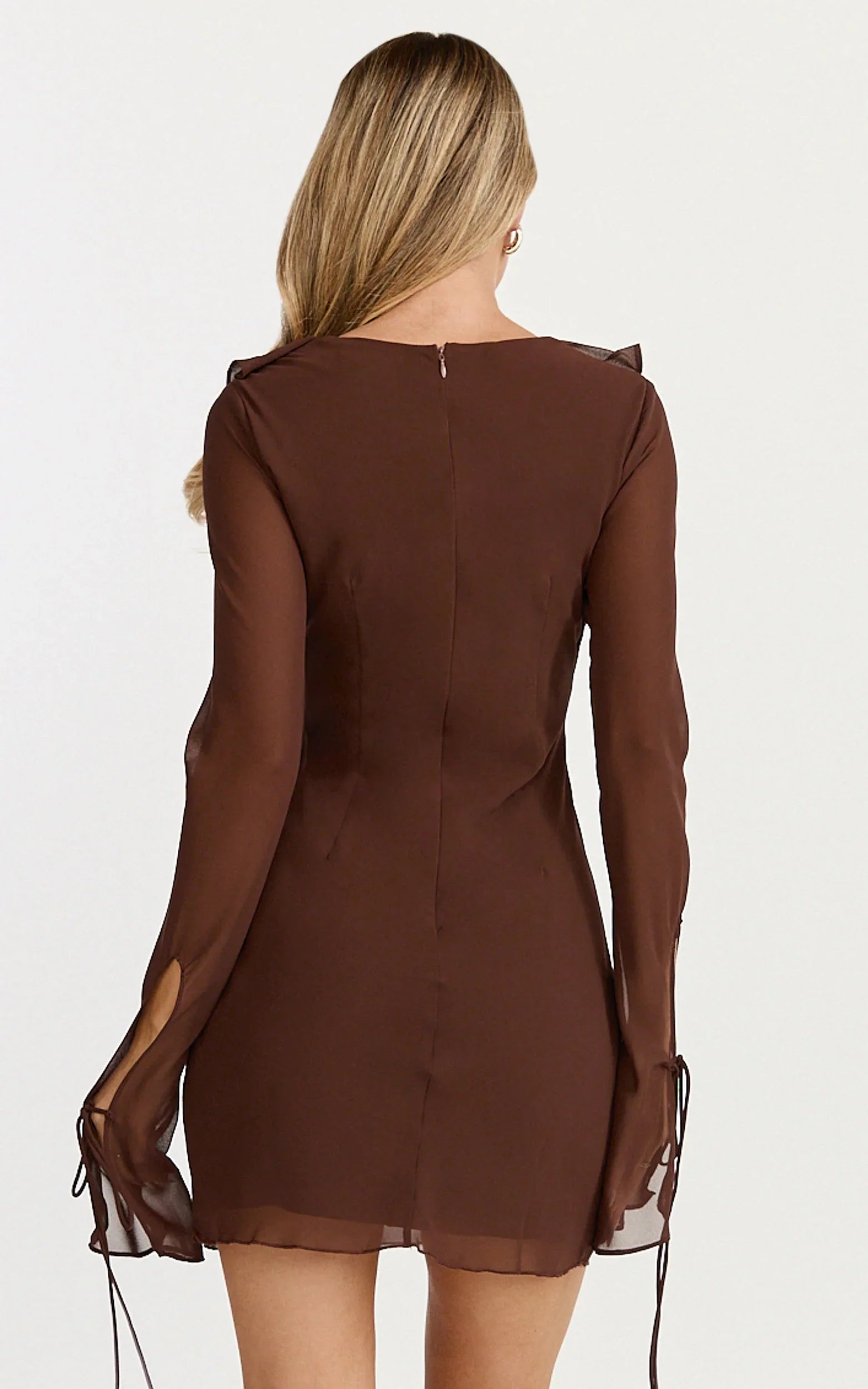 Alesya Mini Dress Ruffle Plunge Neck Long Sleeve Tie Detail Dress in Chocolate