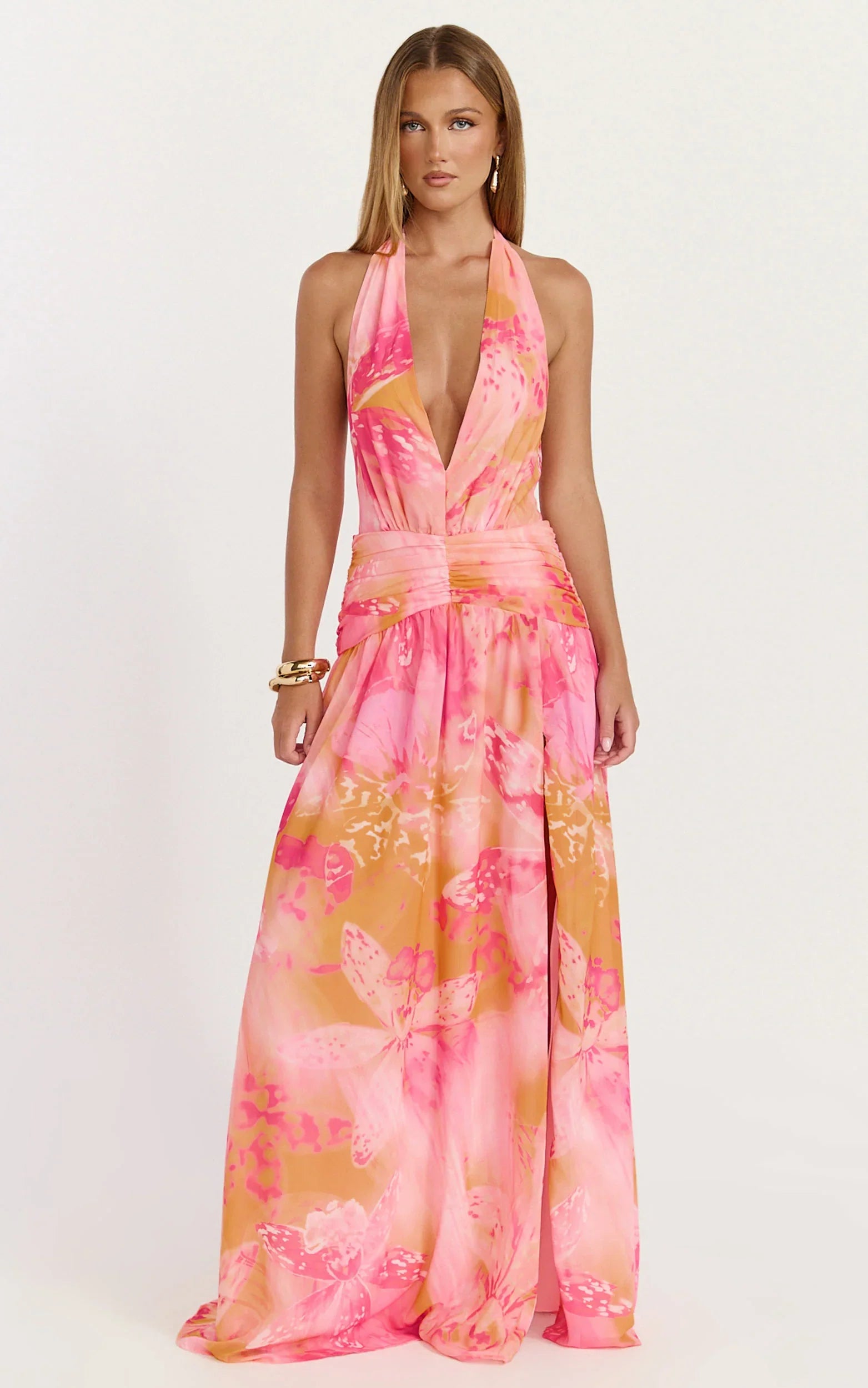 Nova Maxi Dress Plunge Neckline Backless Georgette Dress in Hot House Orchid Print