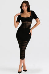 black openwork knit midi dress