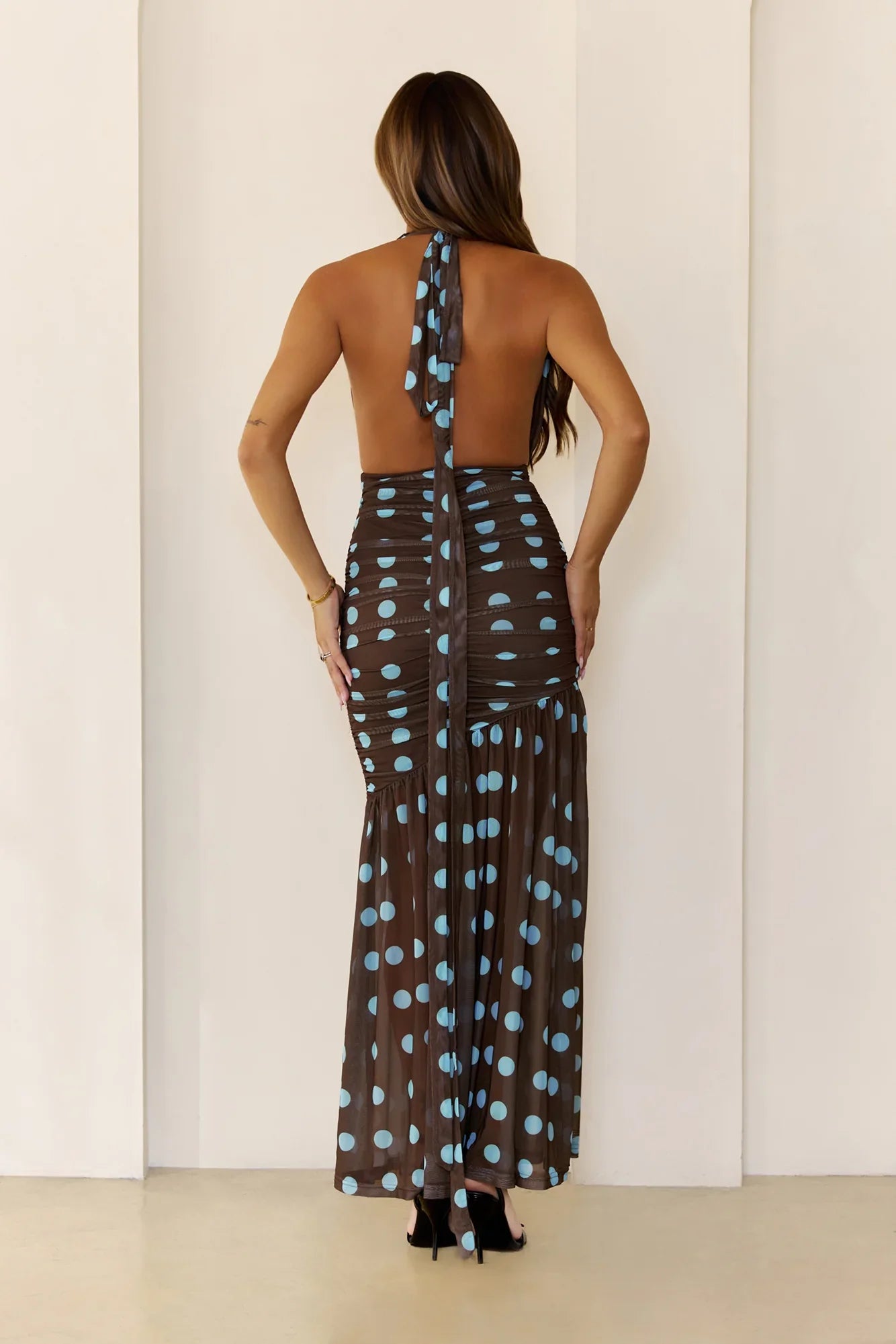 The Darling Dot Edit Halter Maxi Dress Brown