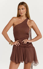 Jett Mini Dress Scarf Neck Asymmetric Hemline Georgette Dress in Chocolate