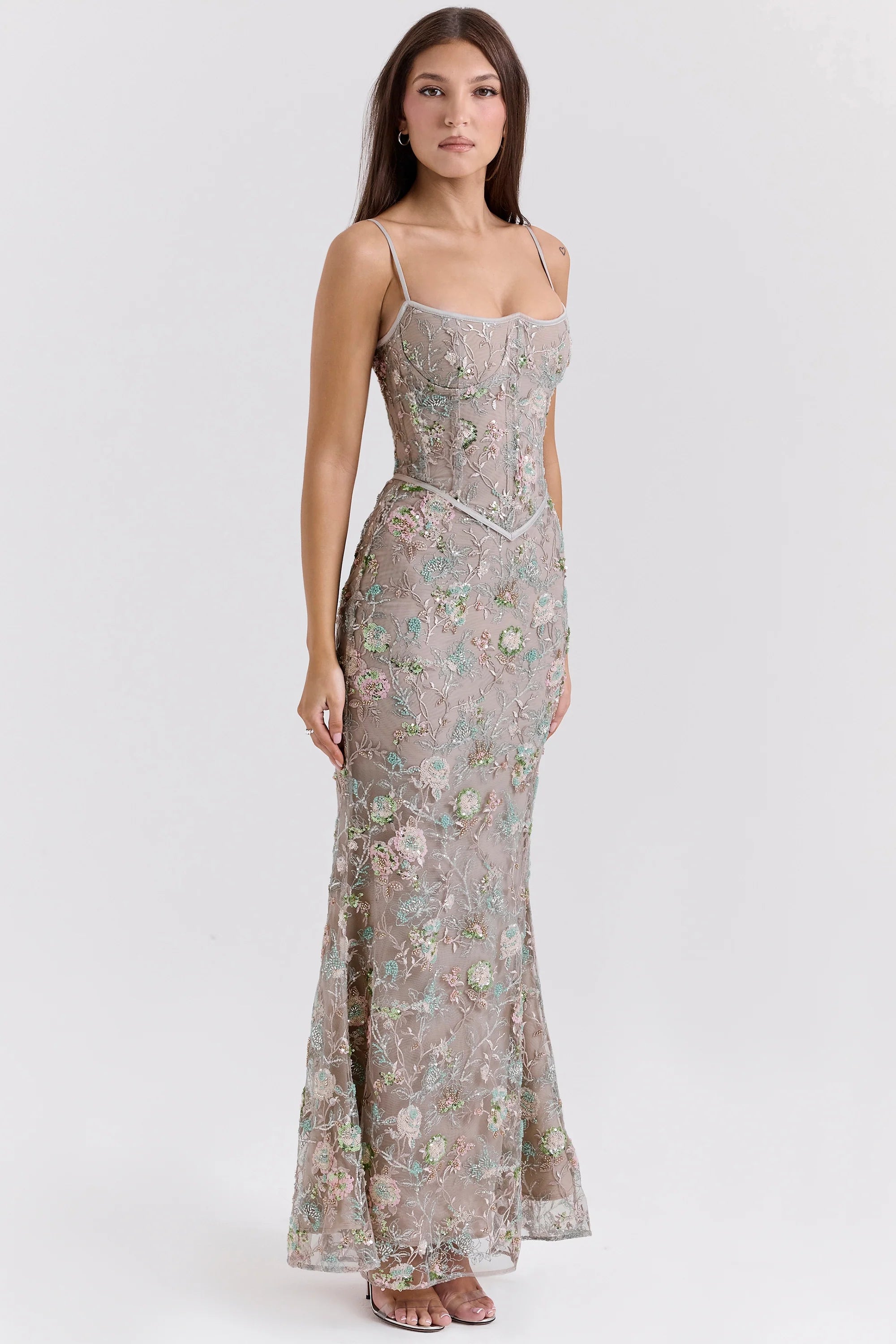 silver embellished beaded corset maxi dress