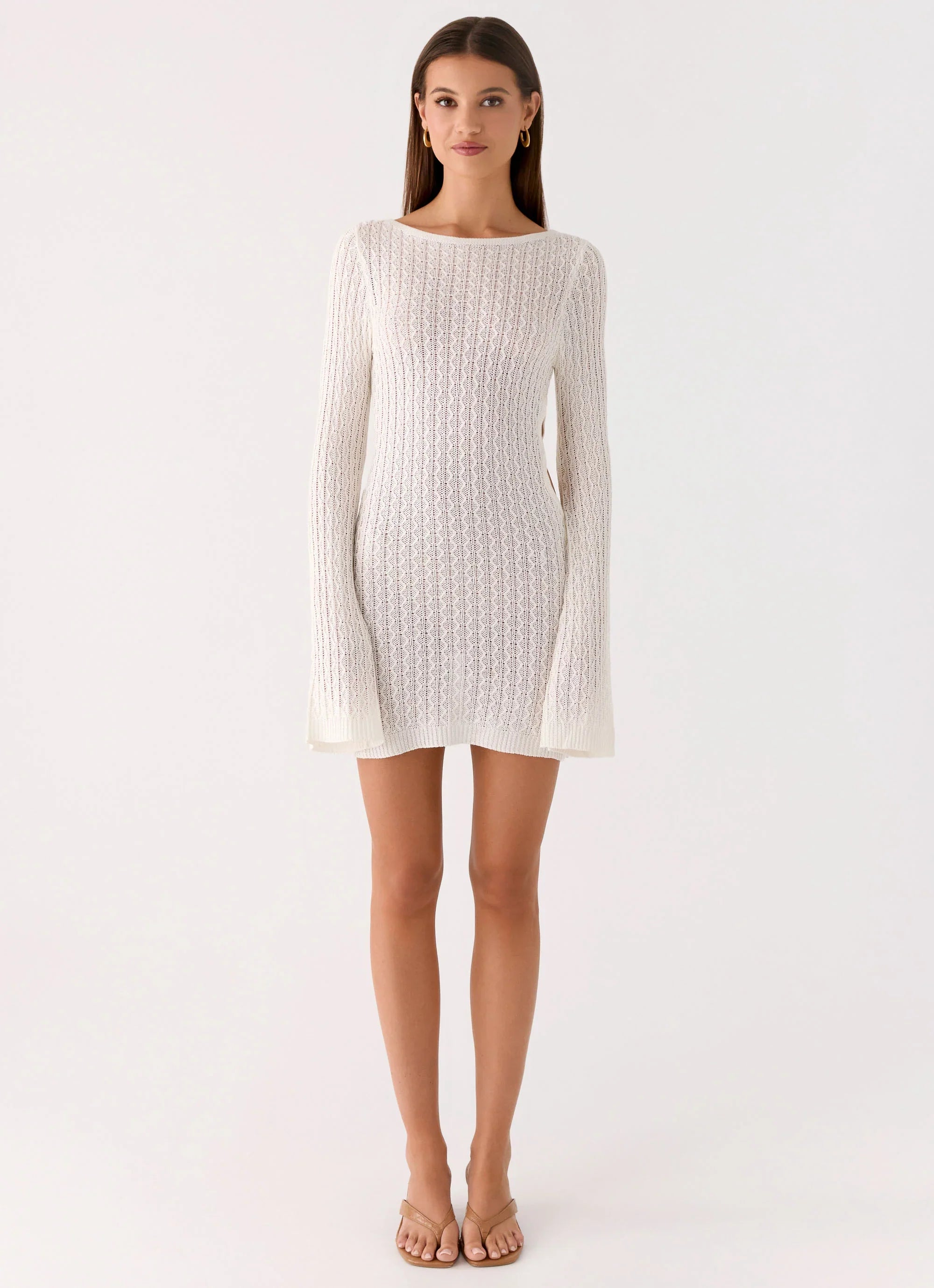 Zenzi Long Sleeve Crochet Mini Dress White