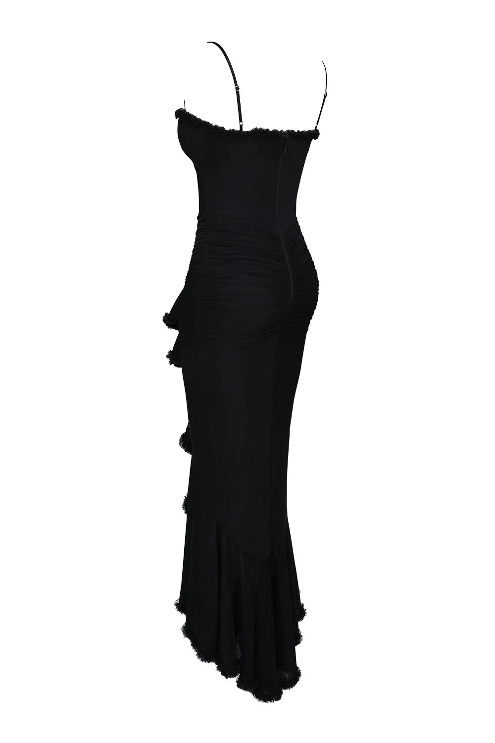 black mesh ruffled front gown