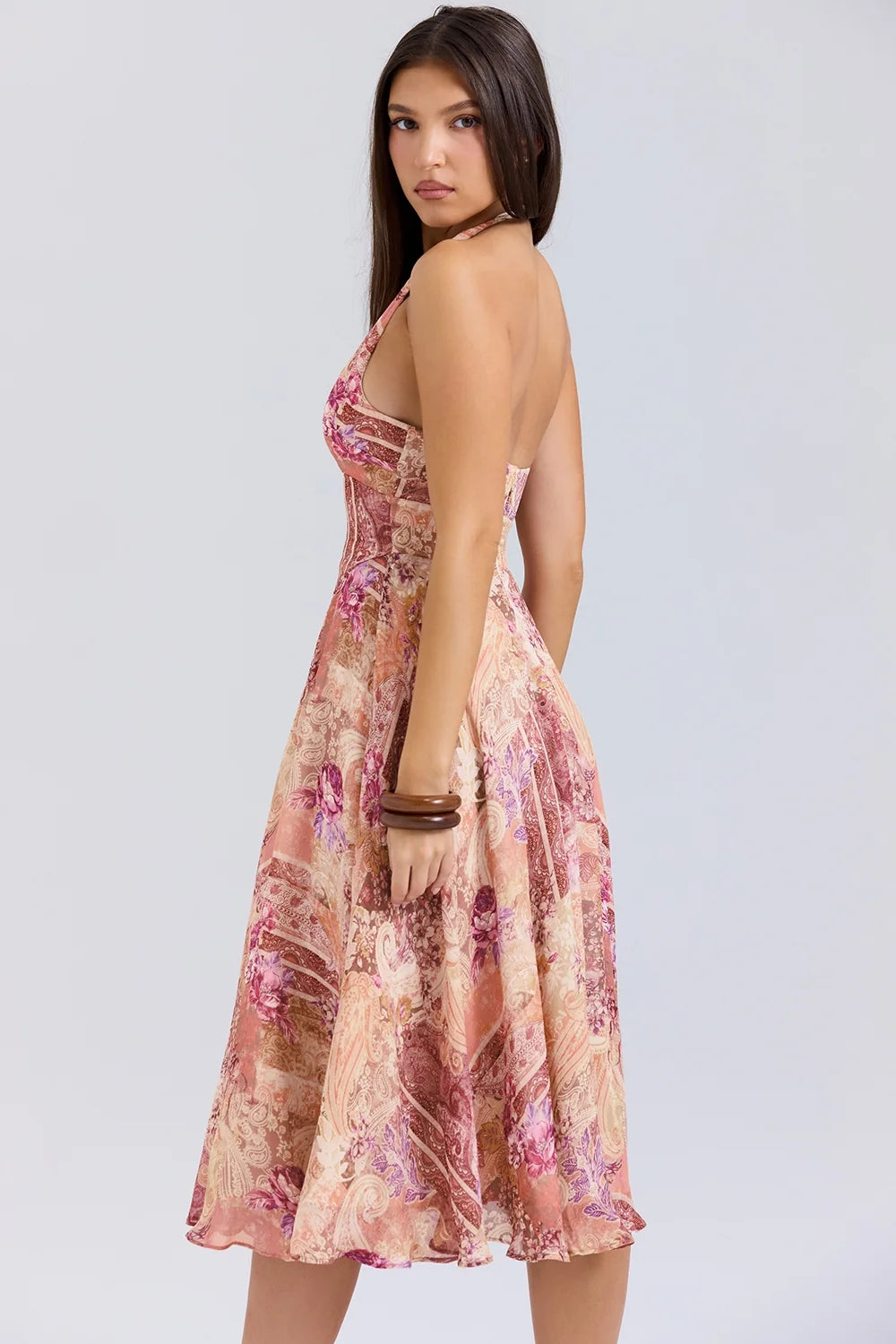 paisley patchwork print georgette halter sundress