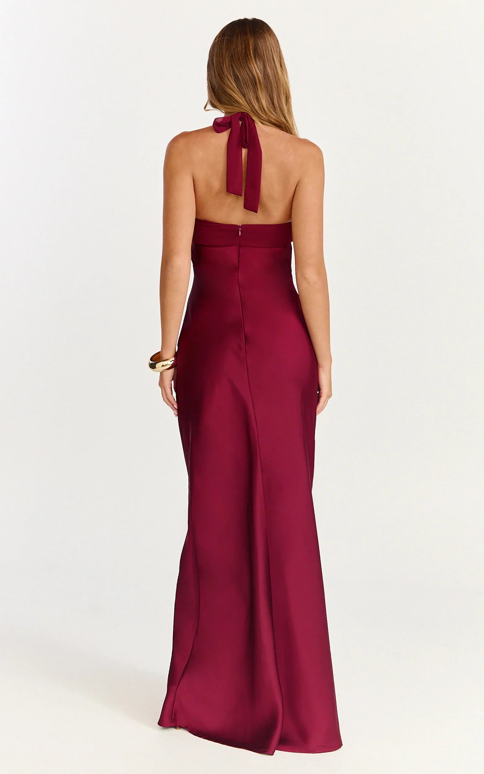 Flynn Maxi Dress Satin Halter Sweetheart Neck Dress in Wine