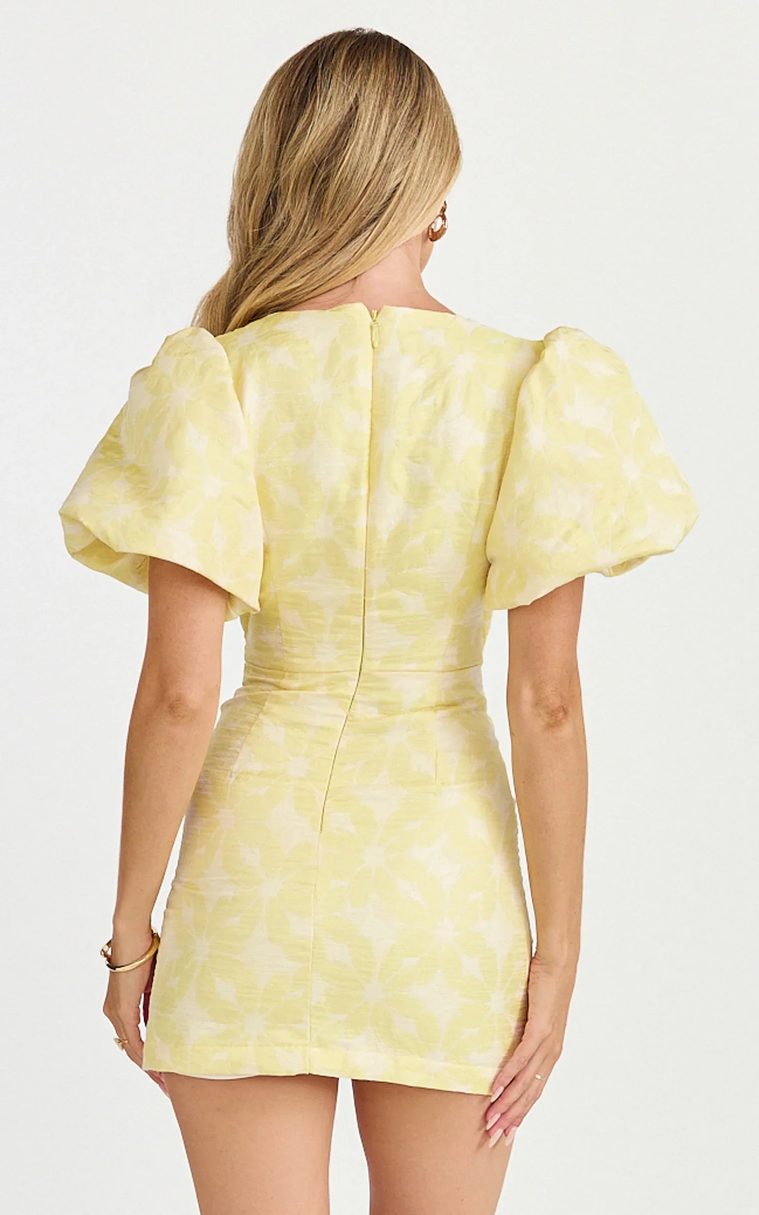 Diana Mini Dress Jacquard Short Sleeve Cut Out Dress in Lemon