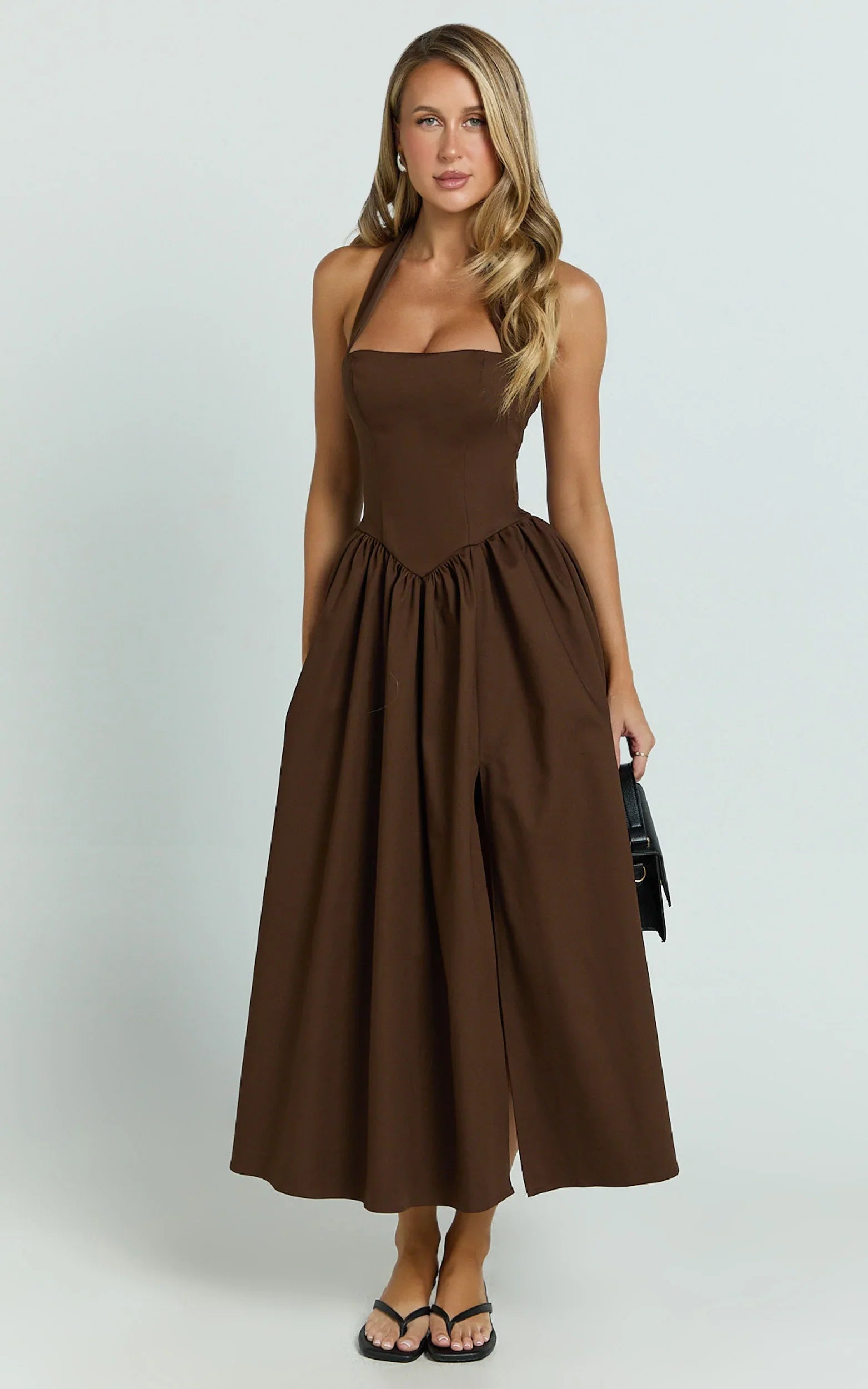 Helda Midi Dress Halter Tie Neck Corset Panel Dress in Chocolate