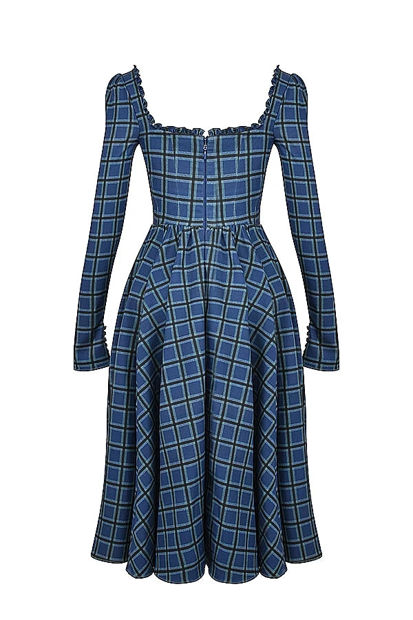 blue tartan midi dress