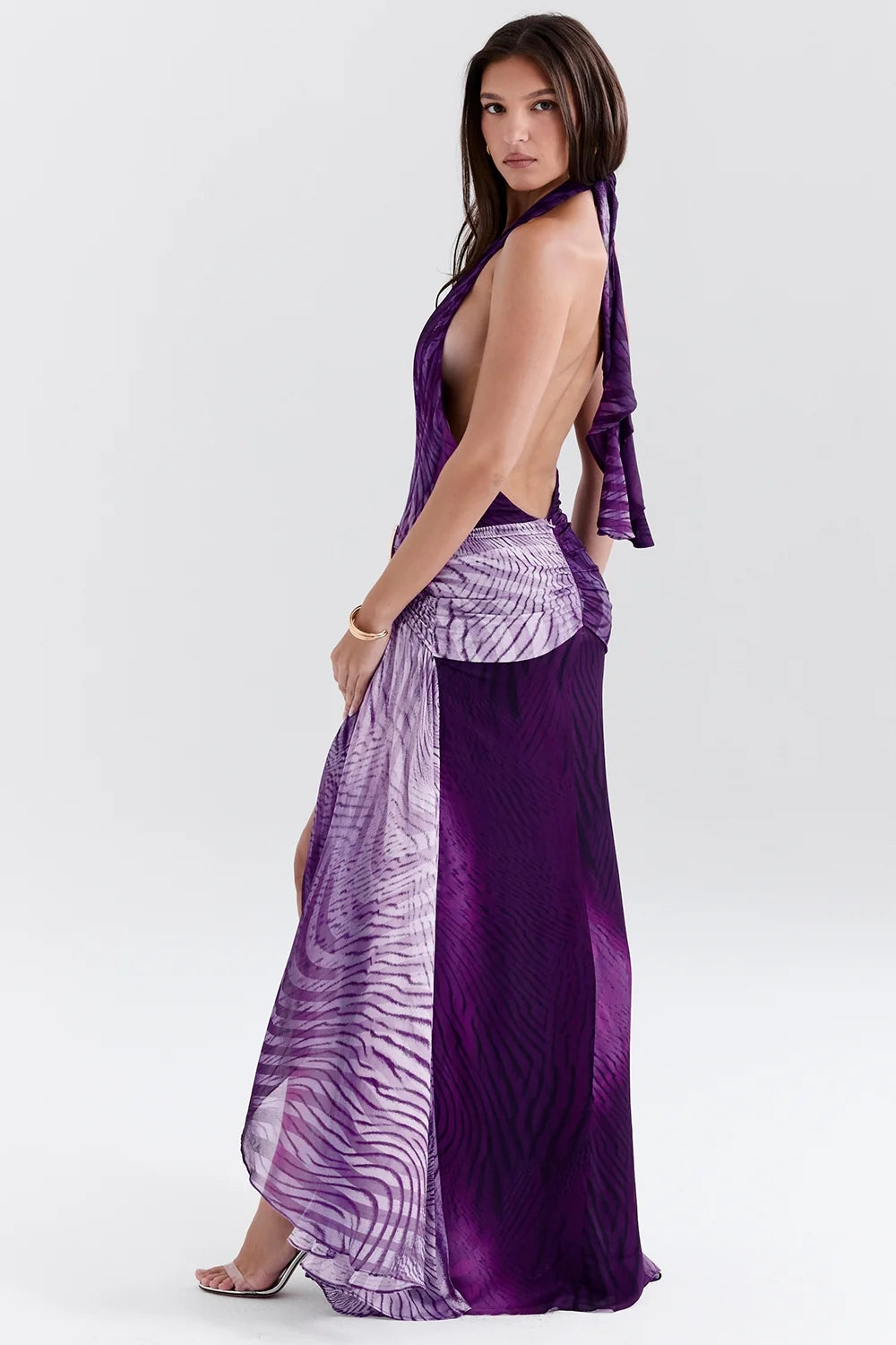 orchid backless halter maxi dress