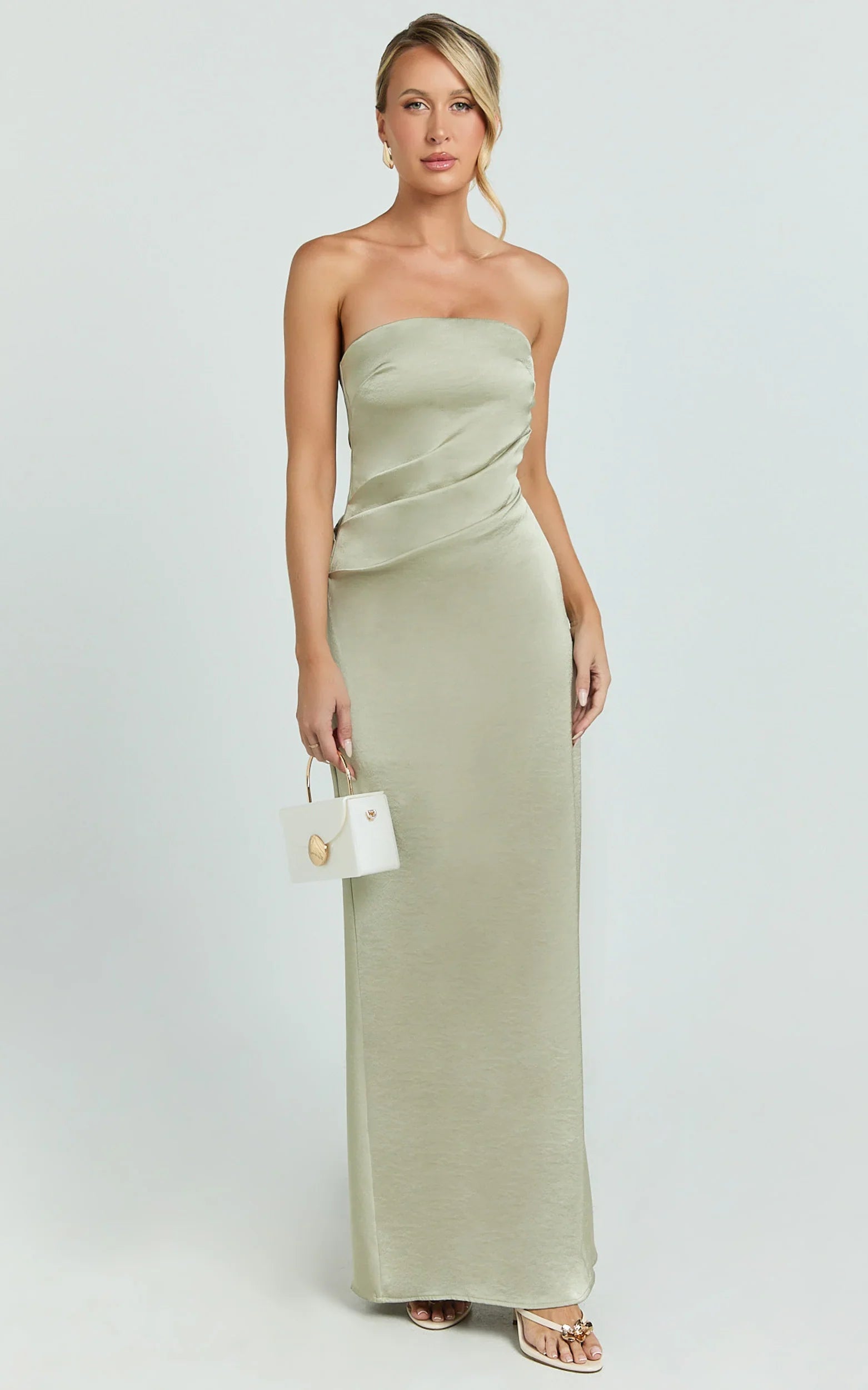 Laurie Maxi Dress Strapless Draped Satin Dress in Light Olive