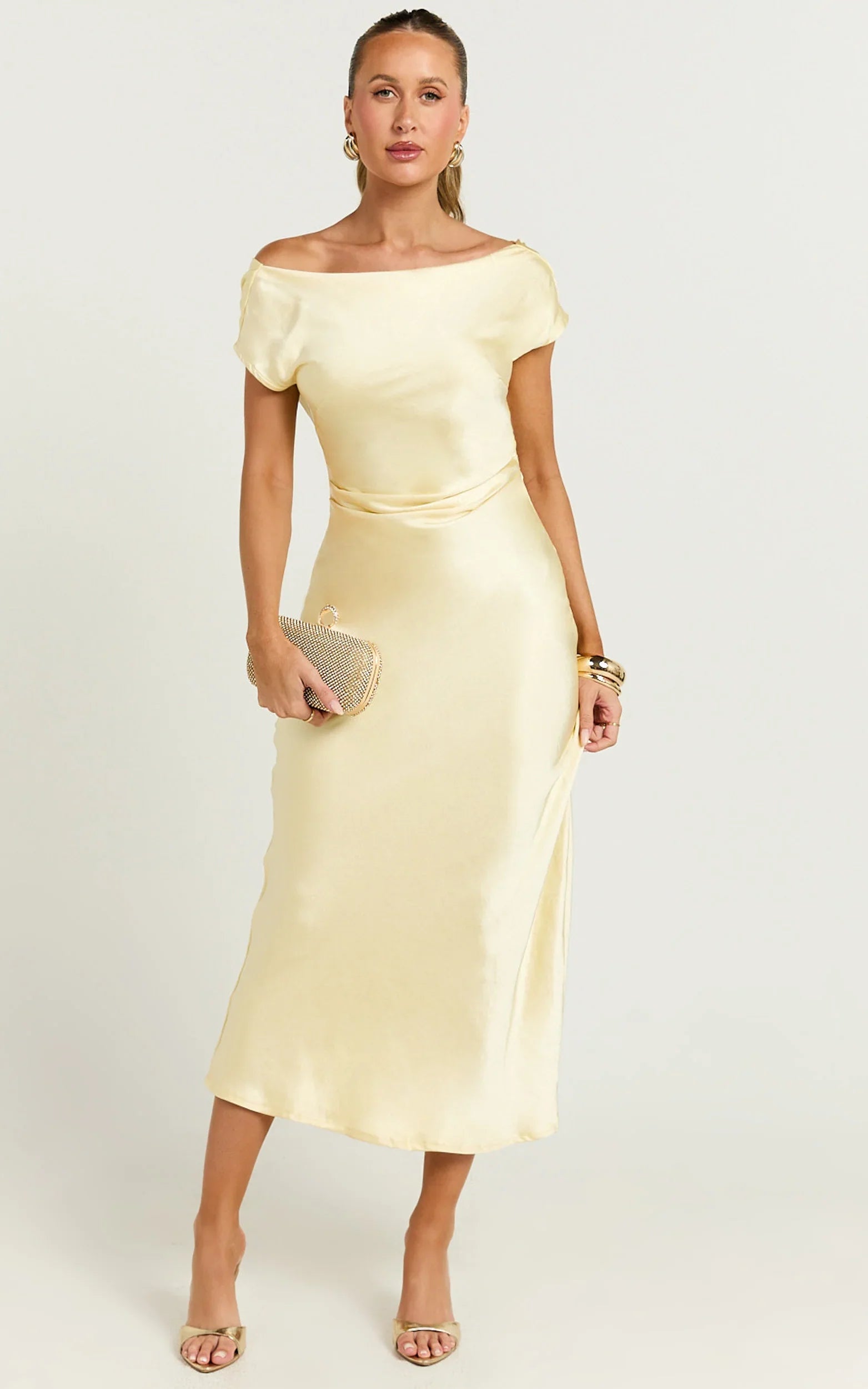 Menette Midi Dress Short Sleeve Low Back Dress in Butter