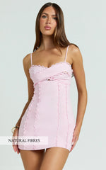 Gigi Mini Linen Blend Dress Sweetheart Tie Back Scallop Detail Dress in Pink