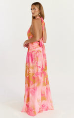 Nova Maxi Dress Plunge Neckline Backless Georgette Dress in Hot House Orchid Print