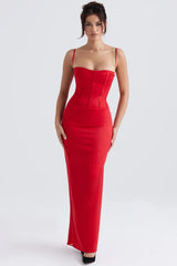 red satin corset maxi dress