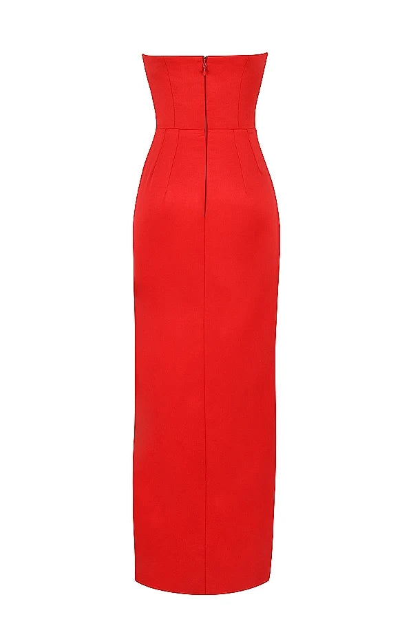 scarlet satin strapless gown