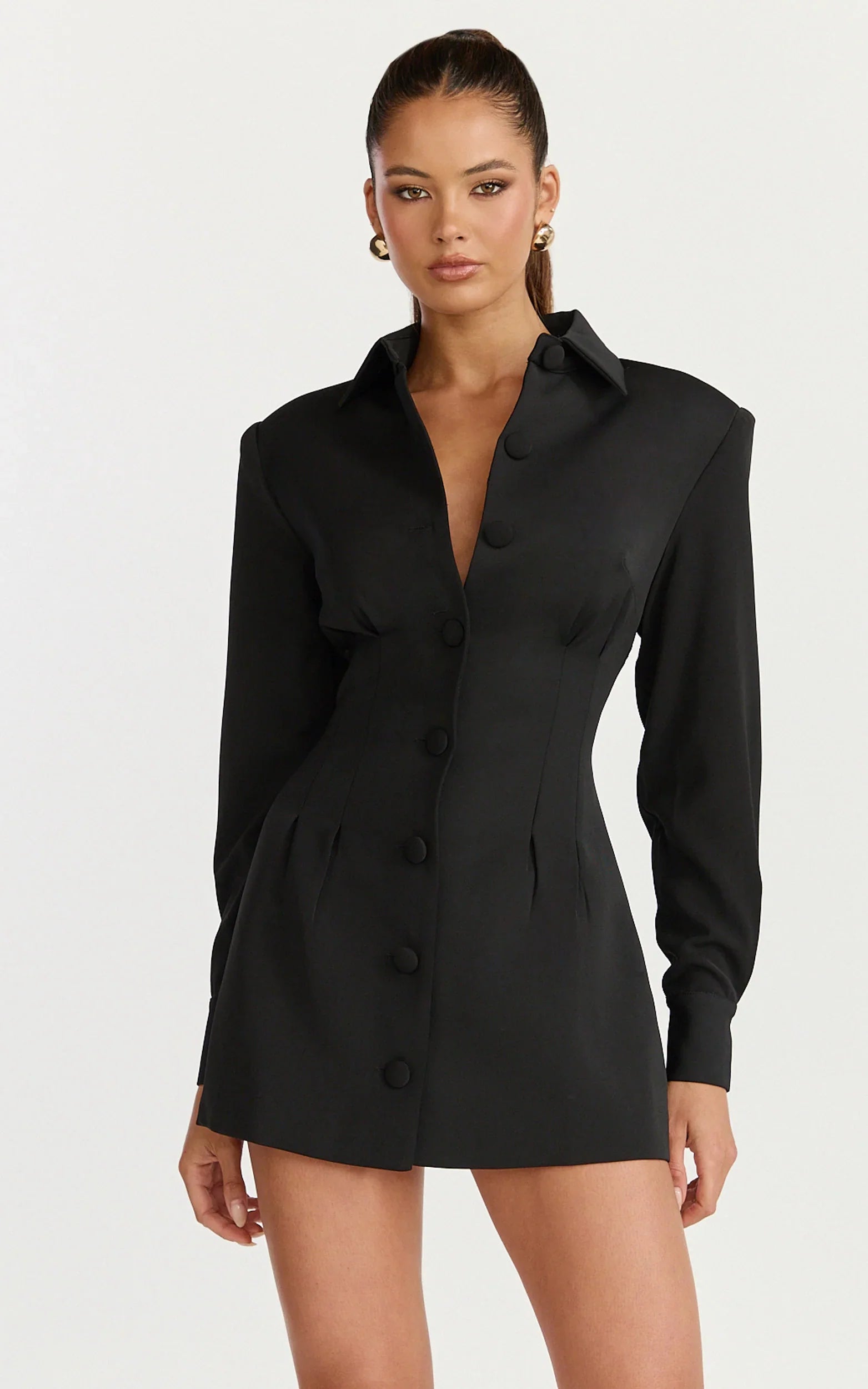 Thelma Mini Dress Button Front Pleat Waist Tulip Skirt Shirtdress in Black