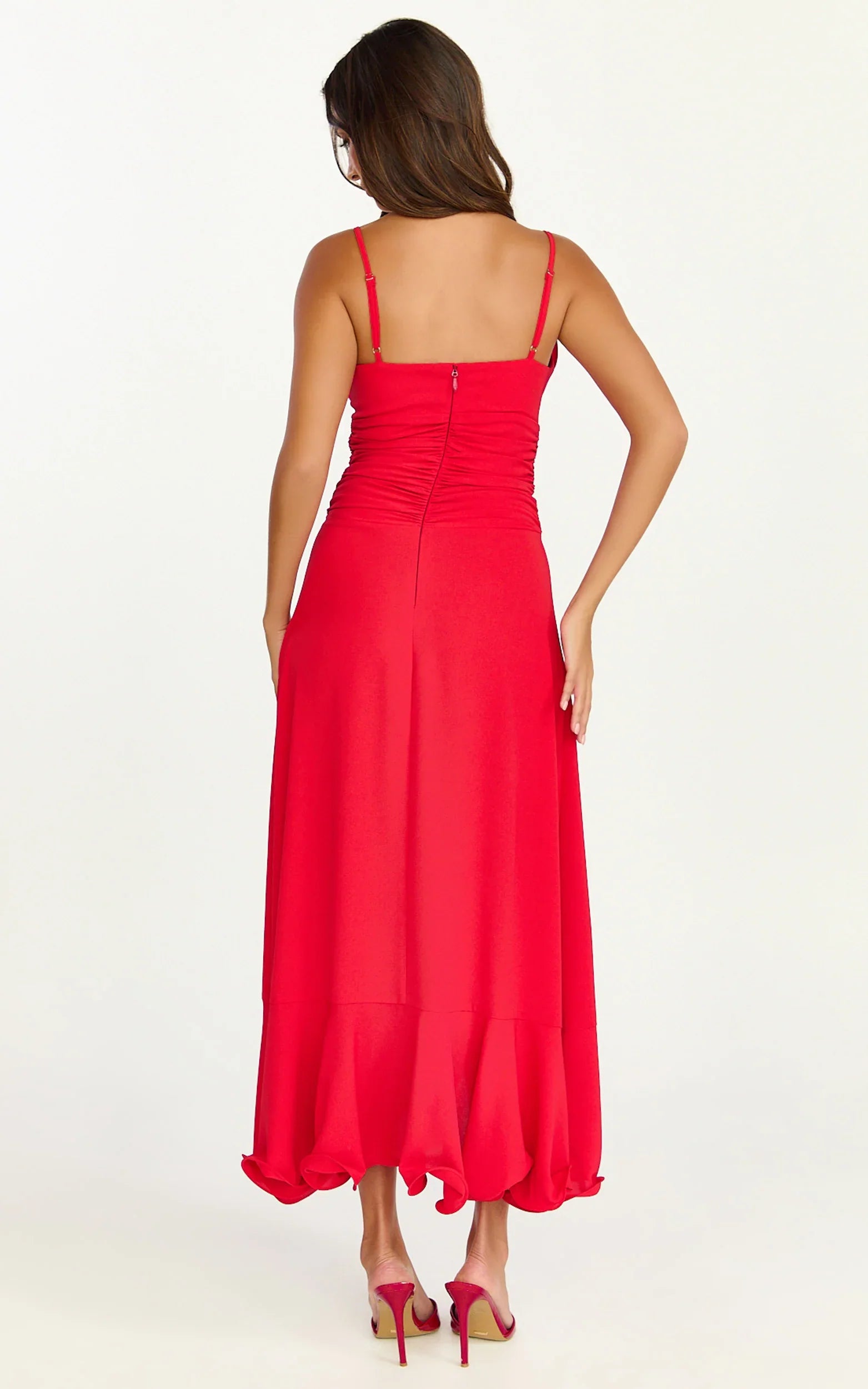 Vivienne Midi Dress Rosette Neck Gathered Frill Split Leg Dress in Red