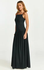 Cortez Maxi Dress Square Neck Button Down Dropped Waist Dress in Black