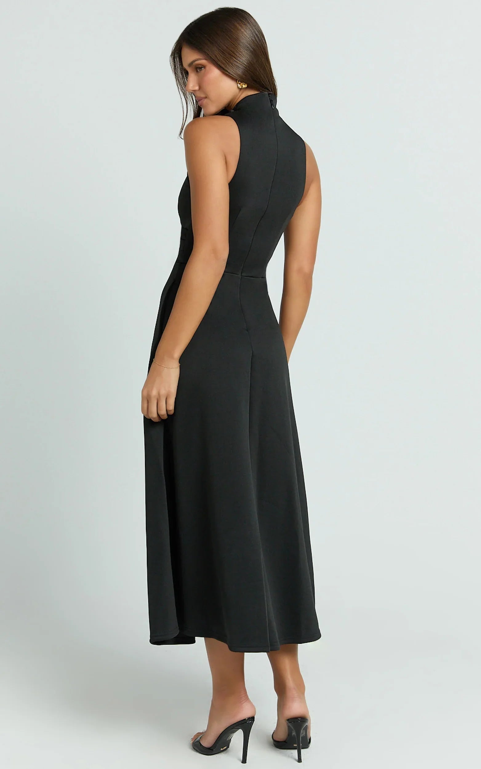 Macy Midi Dress High Neck A Line Dress in Black