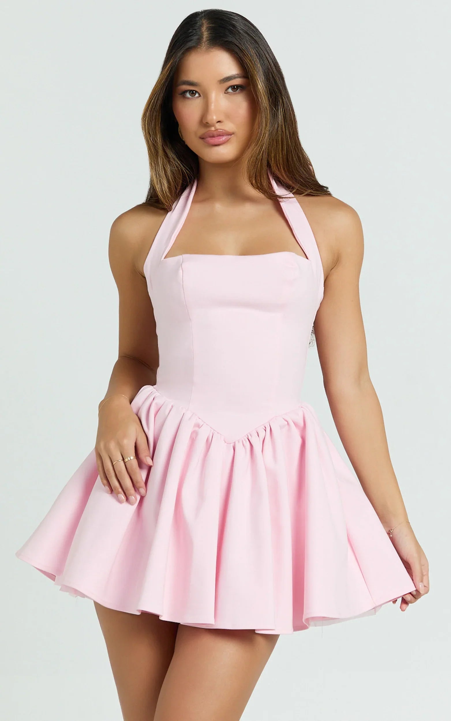 Helda Mini Dress Halter Tie Neck Corset Panel Dress in Pink