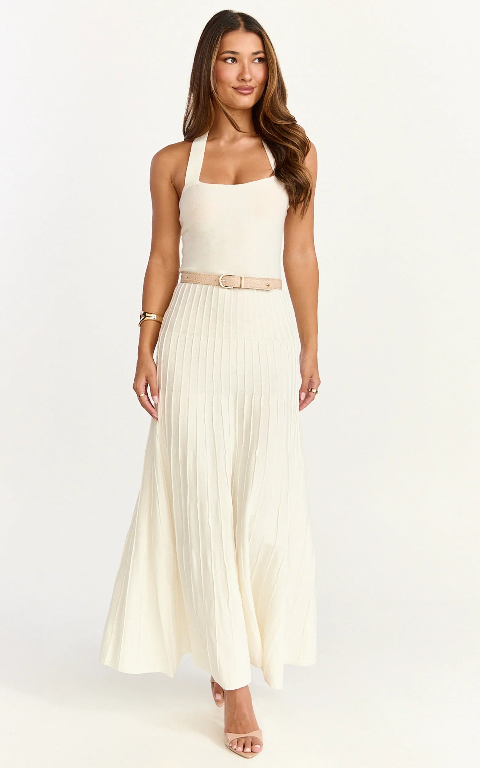 Candace Midi Dress Halter Neck Ribbed Knit Dress in Cream