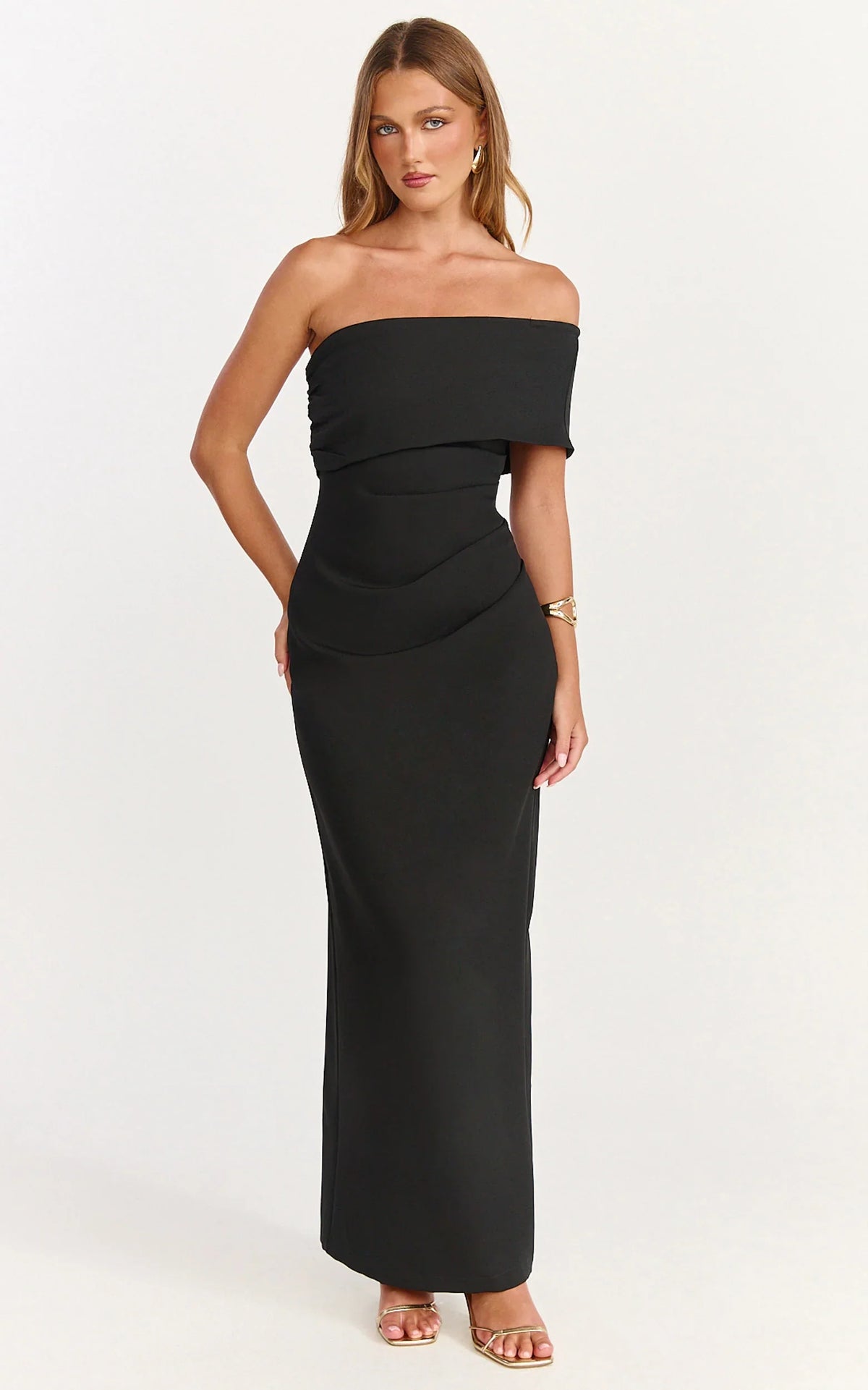 Pearce Maxi Dress Gathered One Sleeve Bodycon Dress in Black