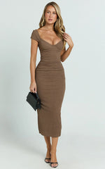 Elia Midi Dress Cap Sleeve Sweetheart Underwire Fitted Dress in Brown