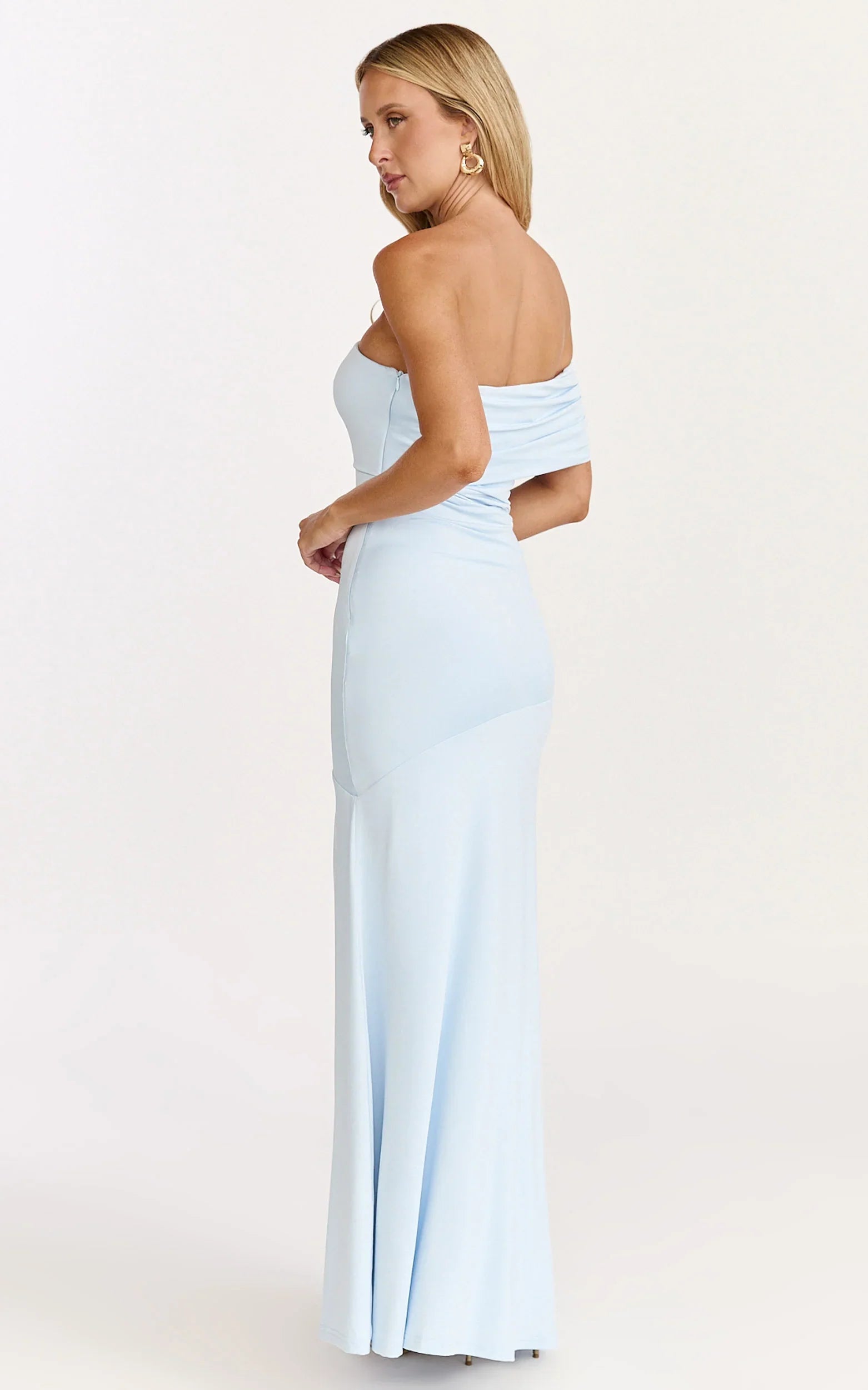 Opal Maxi Dress Off Shoulder Gathered Bodice Fit And Flare Dress in Blue