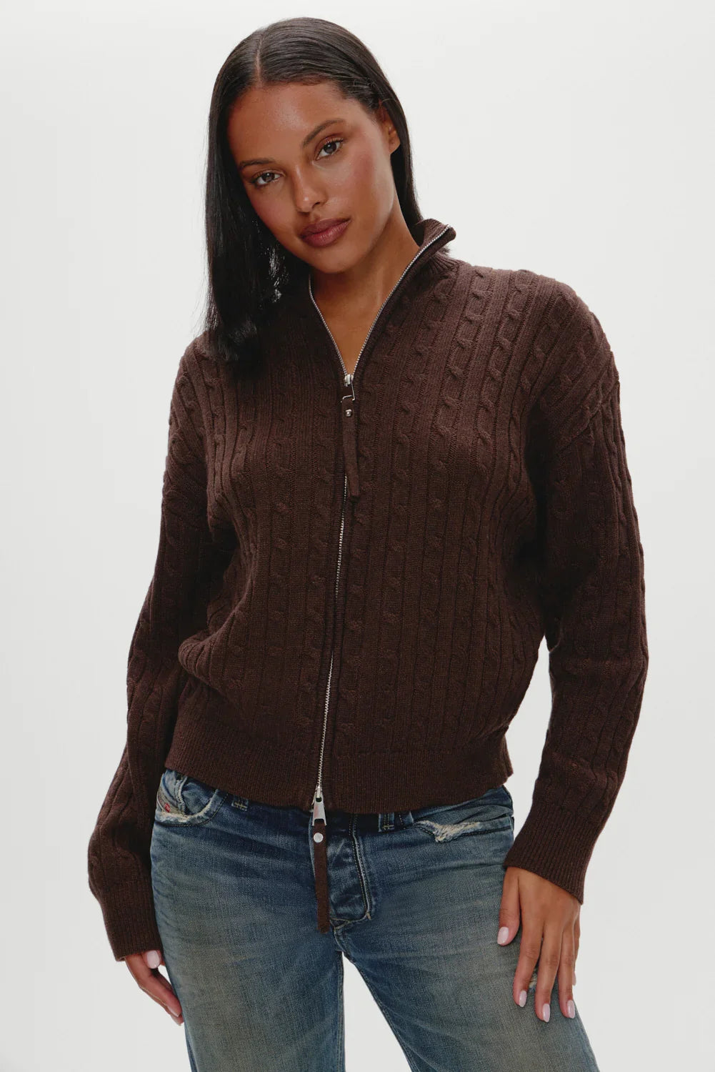 Bea Cable Knit Zip Up Sweater Chocolate Brown