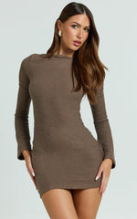 Brenda Mini Dress Boat Neck Rib Knit Bodycon Dress in Mocha