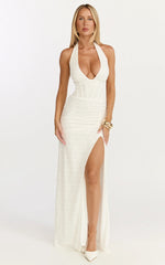 Lacey Maxi Dress Lace Corset Style Bodice Halter Dress in White