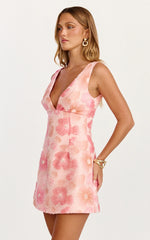Lima Mini Dress Plunge Neck Floral Embellished A Line Dress in Pink
