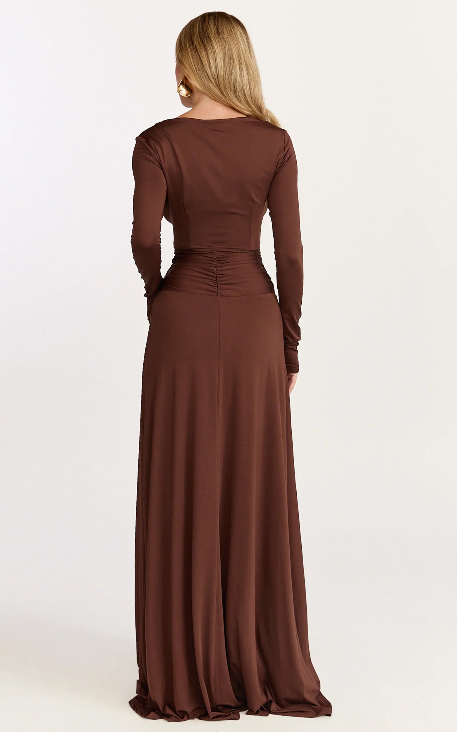 Sahara Maxi Dress Long Sleeve Cut Out Gold Trim Dress in Chocolate