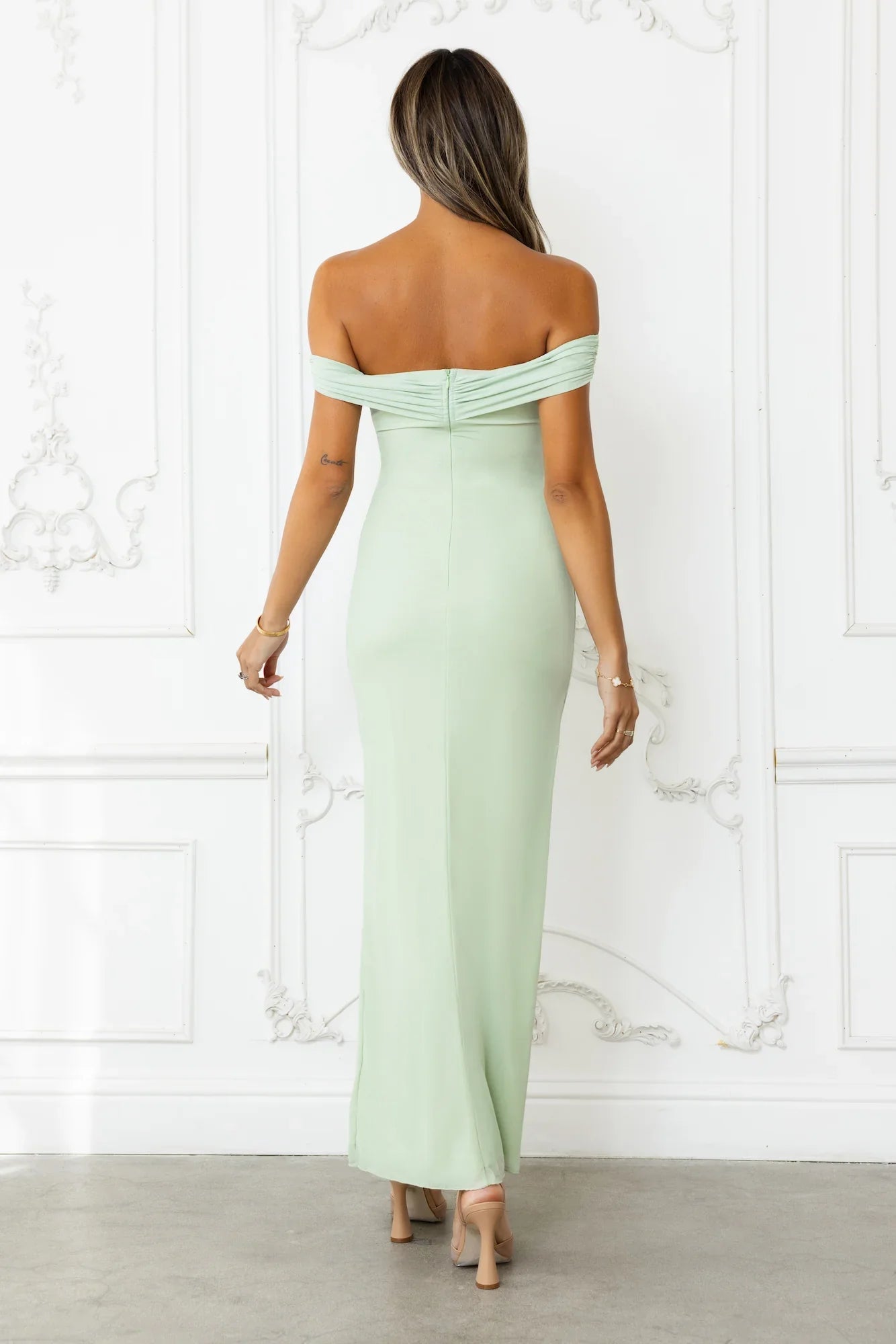 Stepping Back Off Shoulder Mesh Maxi Dress Sage
