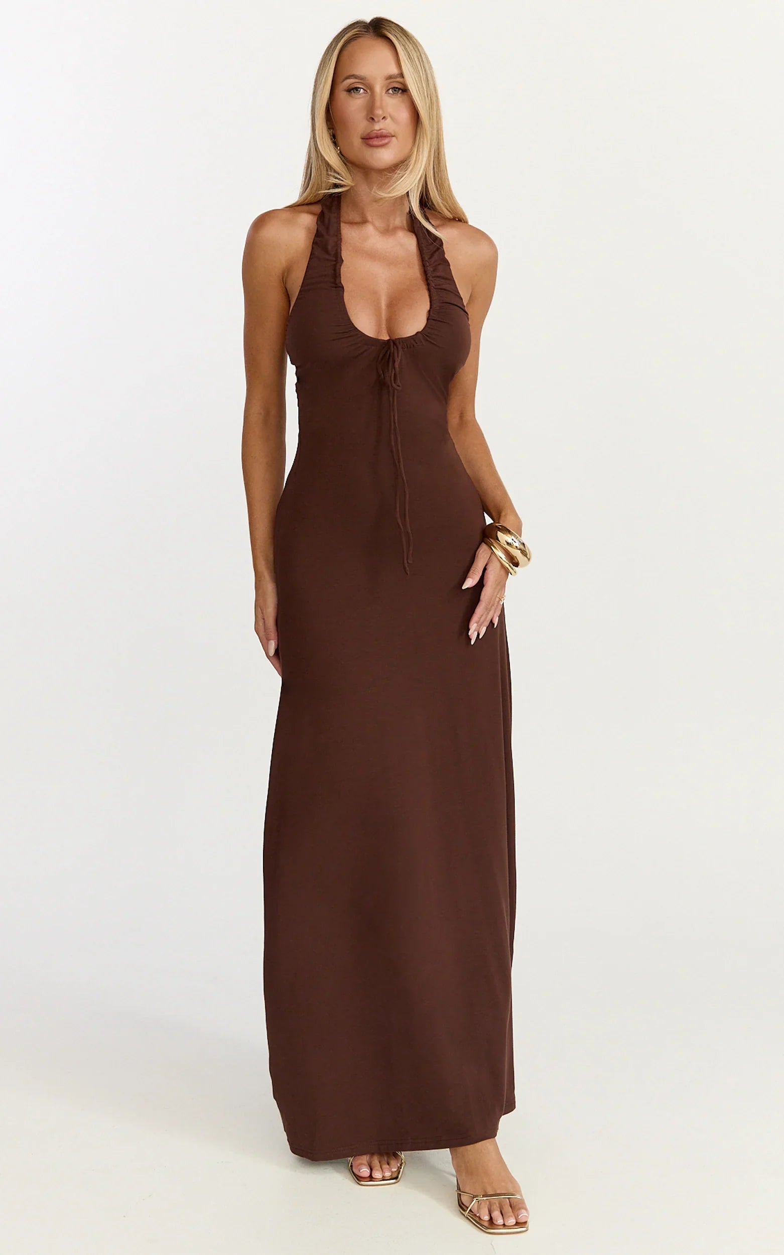 Odile Maxi Dress U Halter Neck Dress in Chocolate