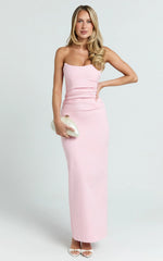 Pietra Maxi Dress Scoop Neck Side Seam Tucks Fitted Dress in Pink