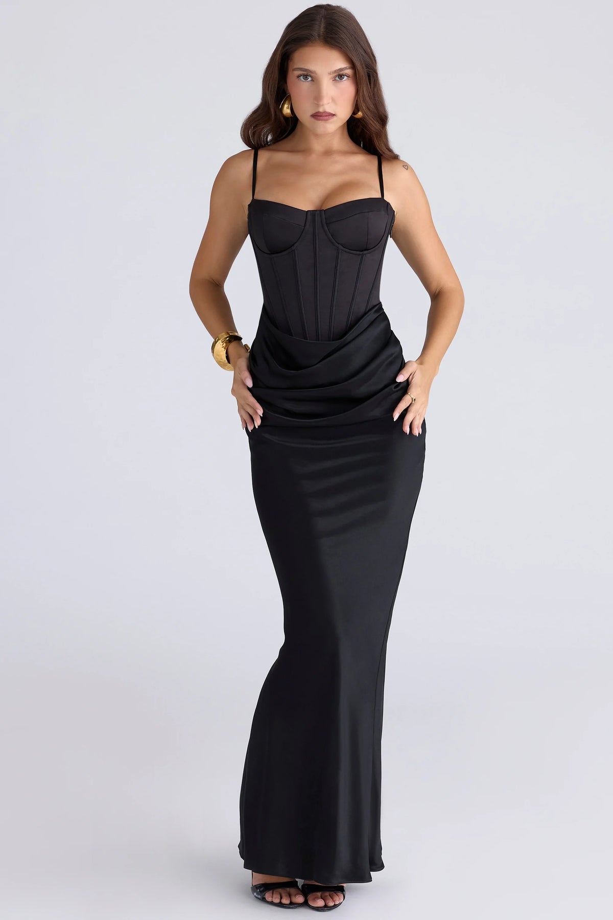 black satin draped corset maxi dress