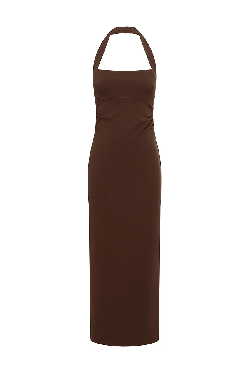 FRANCA HALTER MIDI DRESS BITTER CHOCOLATE