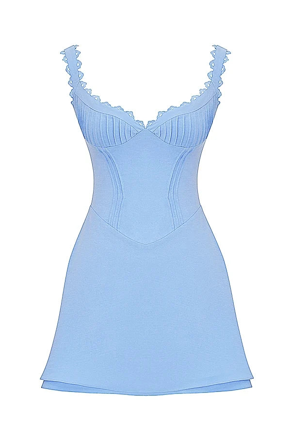 blue pin tuck mini dress