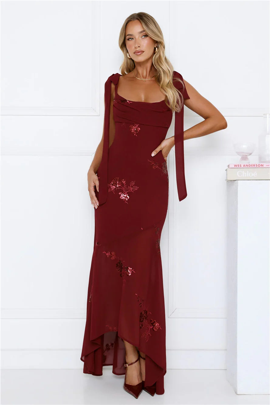 Flirty Sequin Embroidered High Low Maxi Dress Maroon