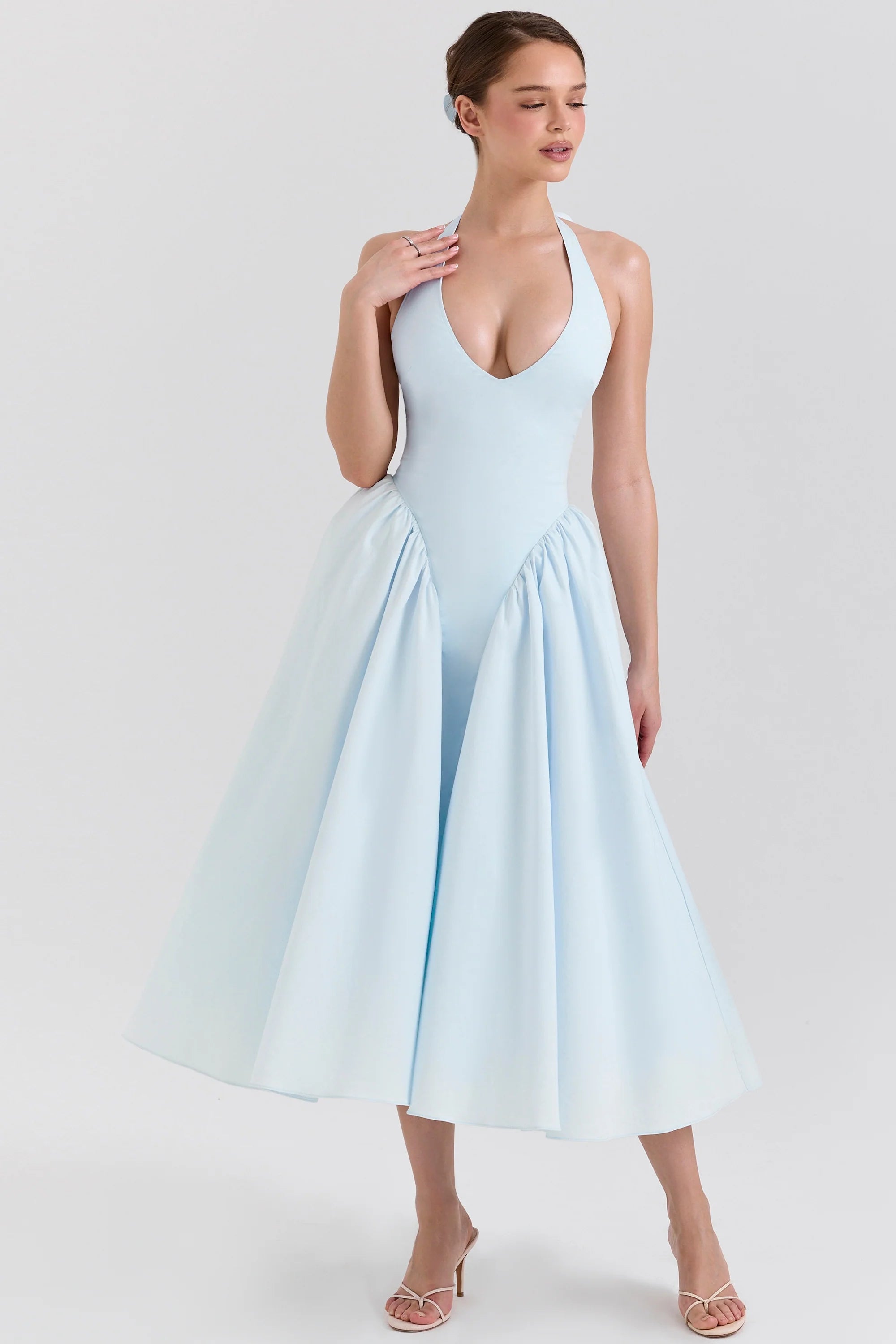 soft blue cotton twill halter midi sundress