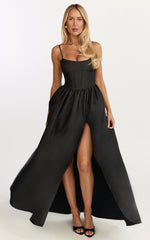 Louisa Maxi Dress Boned Bodice Lace Up Back Dress in Black
