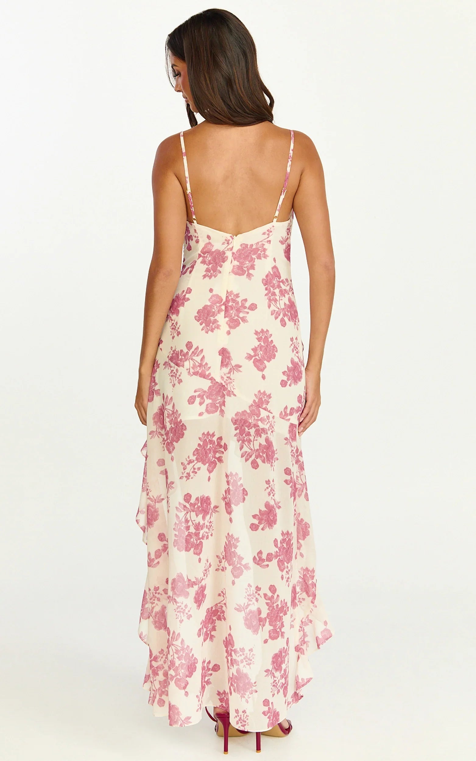 Lila Maxi Dress Cowl Neck Asymmetric Frill Skirt Dress in Toile De Joie Print