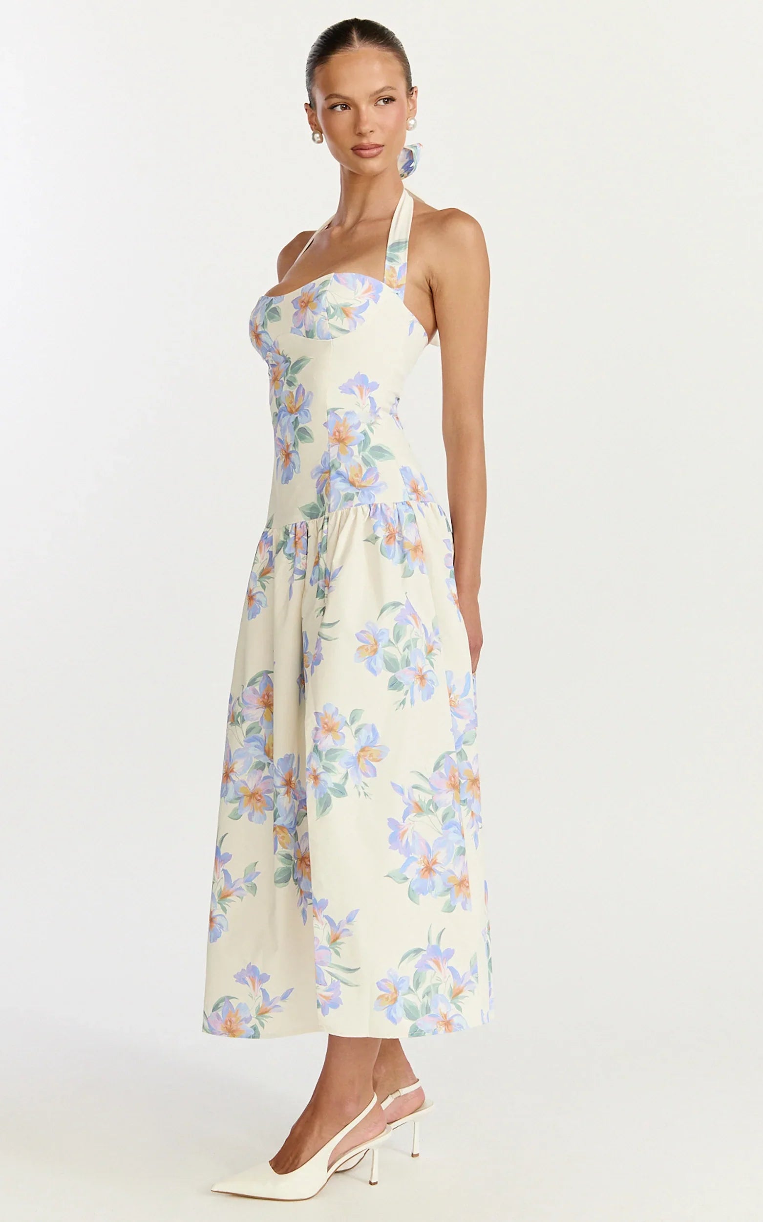 Astra Midi Dress Halter Neck Drop Waist Dress in Astra Posey Floral Print